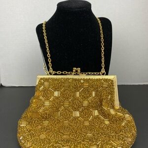 Vintage Crawford’s Gold Beaded Evening Purse Chicago Kiss Lock Chain Handle